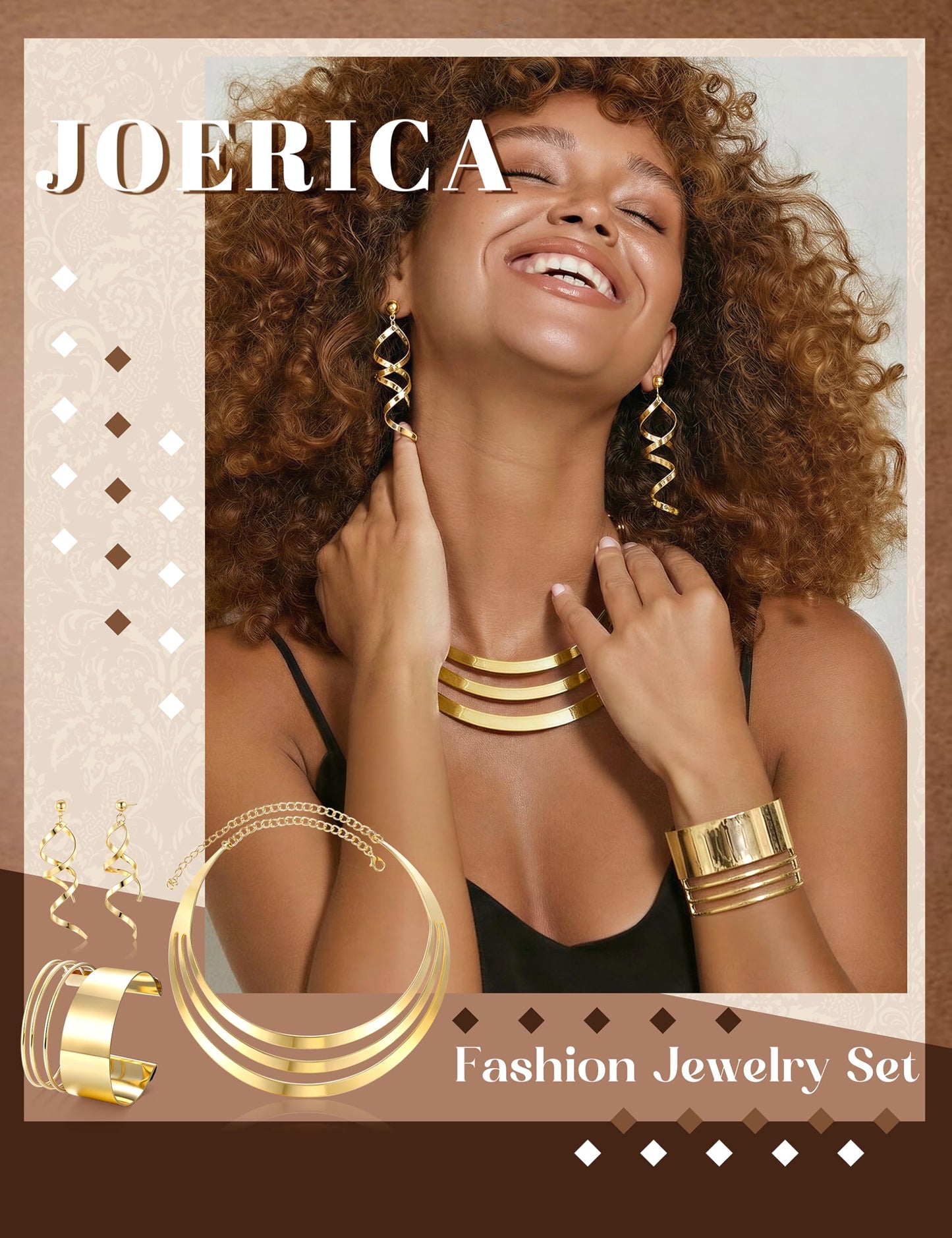 JOERICA Bib Choker Necklace Set for Women Wide Cuff Bangle Bracelets Long Statement Dangle Earrings African Costume Jewelry Set