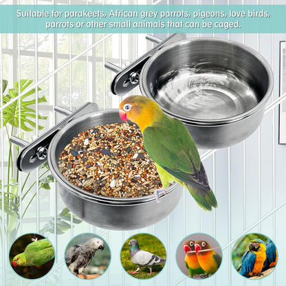 PINVNBY Parrot Feeding Cups Birds Food Dish Stainless Steel Parrot Feeders Water Cage Bowls with Clamp Holder for Cockatiel Conure Budgies Parakeet Parrot Macaw Small Animal Chinchilla Pack of 2
