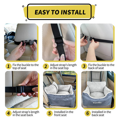 BurgeonNest Dog Car Seat for Small Dogs, Soft Pet Car Travel Home Bed Under 25 lbs, Fully Detachable and Washable Cat Booster Carseats with Storage Pockets and Clip-On Leash Portable Carrier,Black
