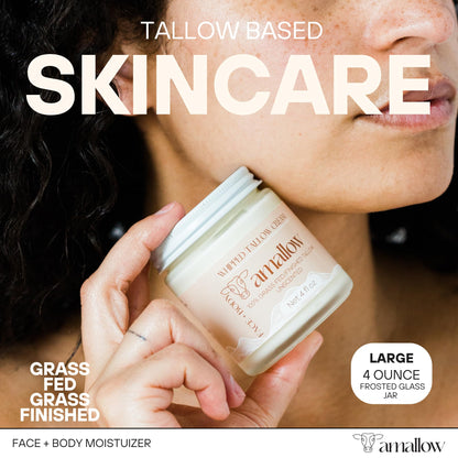Amallow 100% Grass Fed Beef Tallow for Skin Care - Face + Body - Whipped Moisturizer for Sensitive Skin - Natural Lotion, 4 FL. oz. (Unscented + Jojoba Oil)