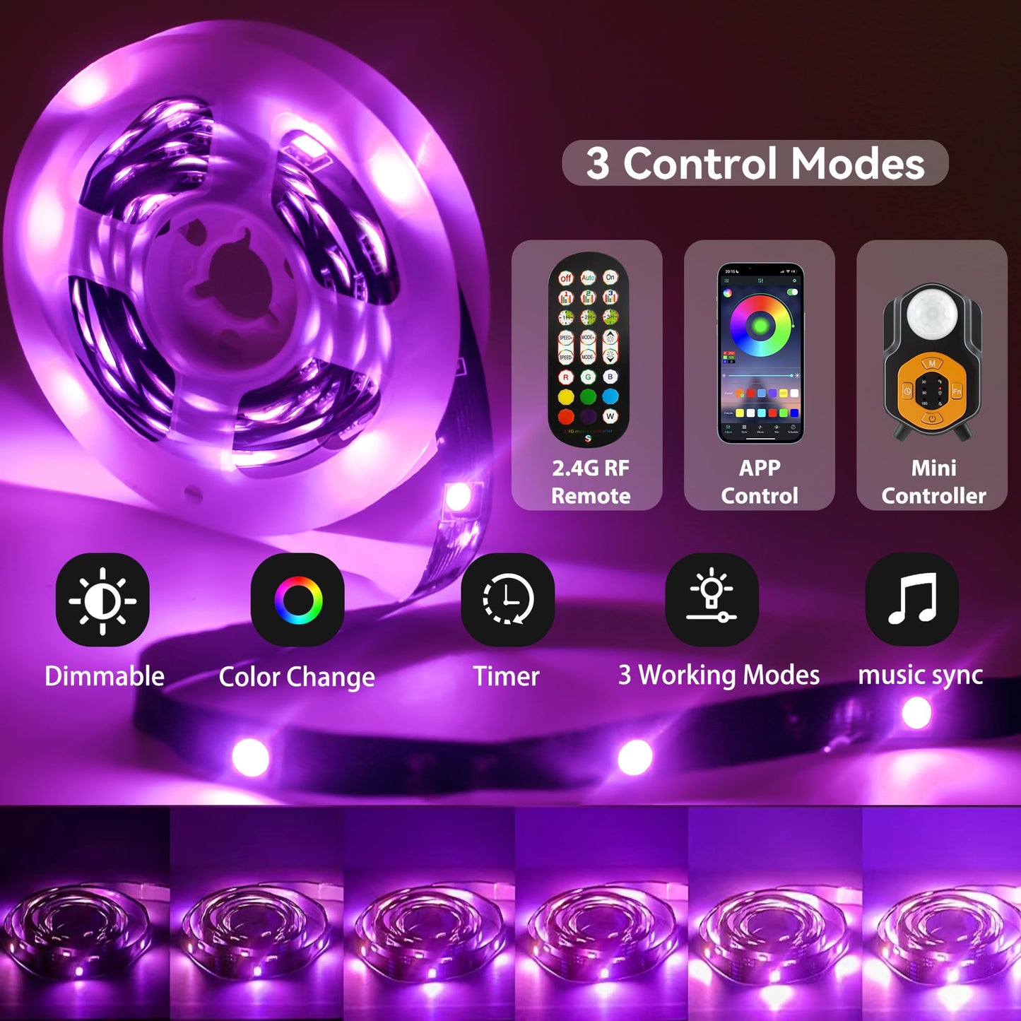 Motion Sensor LED Light Strip 19.68ft Under Bed Lights, RGB 3 Mode Motion Activated Bed Light with Music Sync and Timer, Dimmable Color Changing LED Lights Father Day Gifts