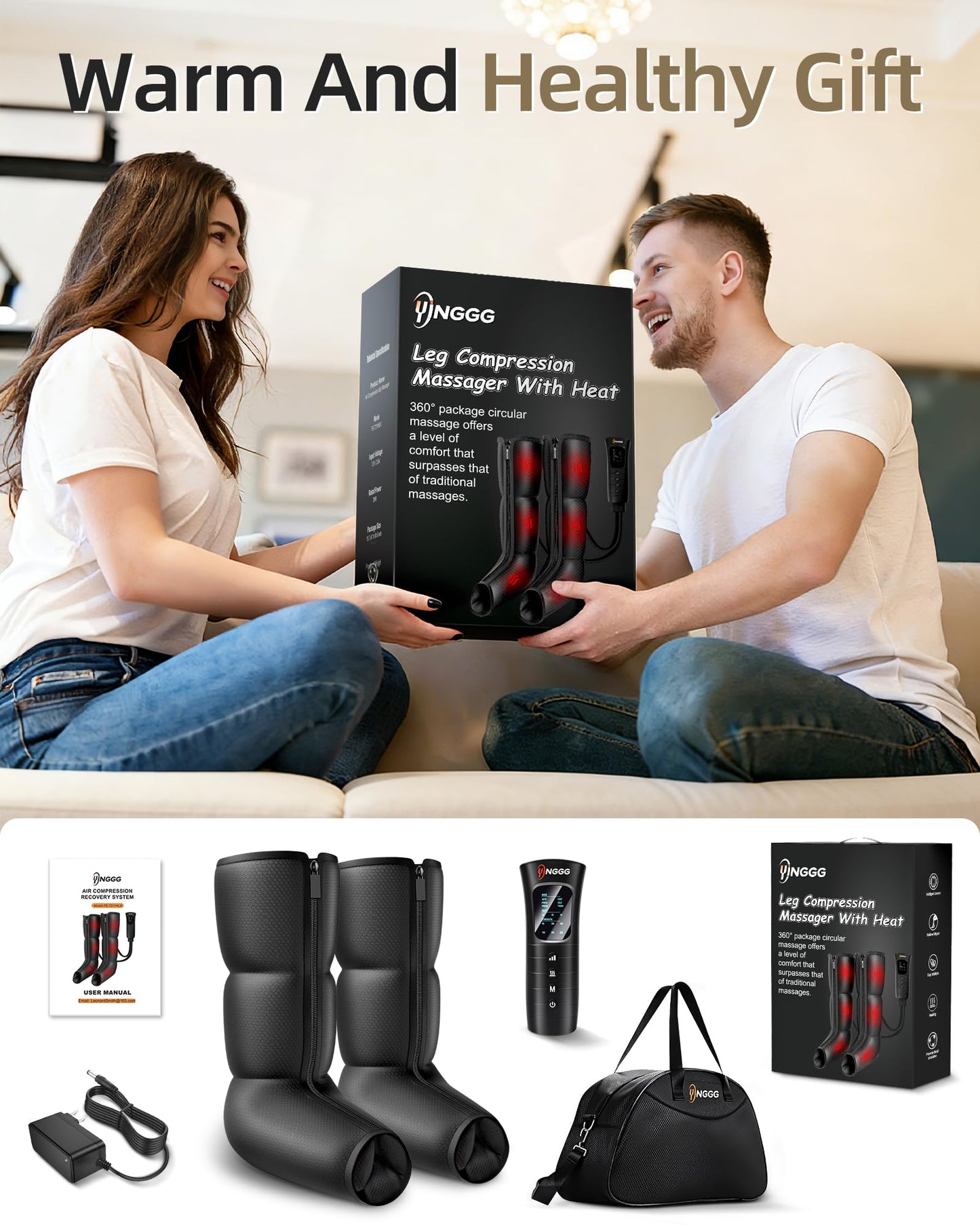 YINGGG Leg Massager with Heat and Compression - Foot and Calf Massage Sleeve with 3 Heat, 6 Intensities, 6 Modes, Compression Boots for Circulation and Pain Relief