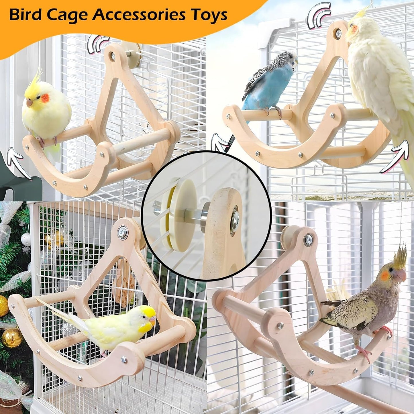 Bird Perch Toy, Interactive Rocking Parakeet Toys and Perches, Wooden Exercise Wheel Cockatiel Toys, Intelligence Puzzle Birds Enrichment Toy for Parrot, Bird Cage Accessories Perch for Budgies Conure
