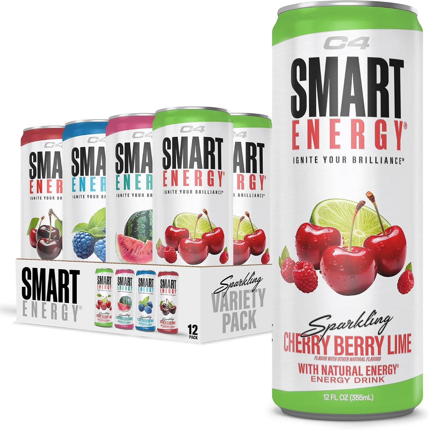 C4 Smart Energy Drinks Variety Pack, Sugar Free Performance Fuel & Nootropic Brain Booster, Coffee Substitute or Alternative, 4 Flavor Berry Breeze Variety (Pack of 24)