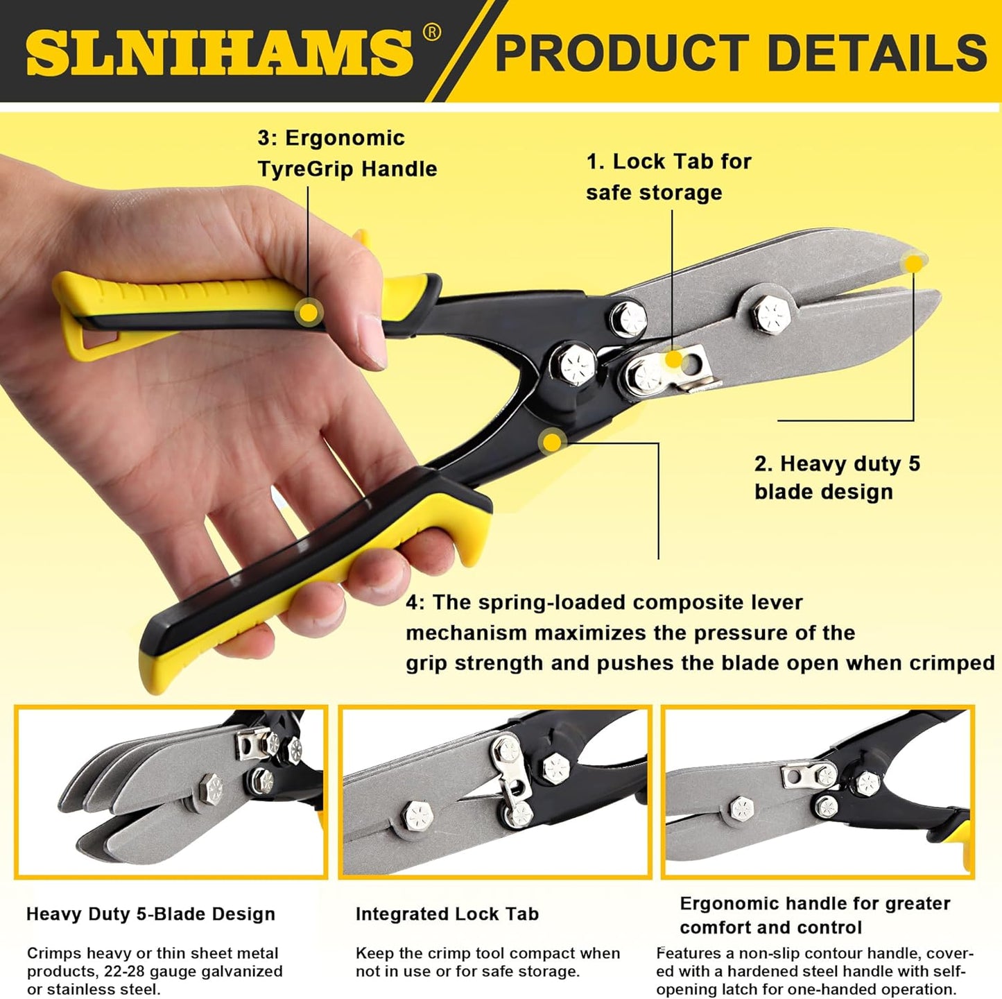 SLNIHAMS 5-Blade Hand Crimper Sheet Metal Tools, Hvac Tool for 24-28 Gauge Duct Work Downspout and Stove Pipe, 10-1/2" Sheet Metal Crimper Gutter End Cap Duct Crimping Tool