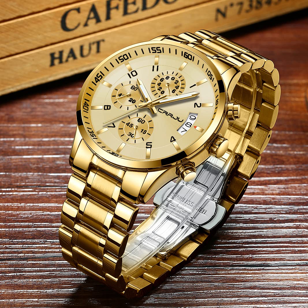 CRRJU Men's Fashion Stainless Steel Watches Date Waterproof Chronograph Wristwatches,Black Steel Band Waterproof Quartz Watch for Men