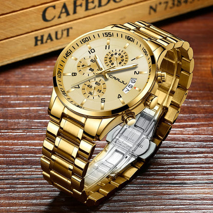 CRRJU Men's Fashion Stainless Steel Watches Date Waterproof Chronograph Wristwatches,Black Steel Band Waterproof Quartz Watch for Men