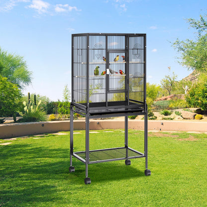 VEVOR Bird Cage, 24.6 x 16.7 x 53.9 inch, Flat Top, Wrought Iron Bird Flight Cage with Perches, Slide-Out Tray and Plastic Feeders, Casters, for Parrot, Blue Tit, Cockatiel, Canary, Budgerigar, Conure
