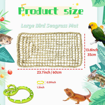 Bird Seagrass Mat 30 x 7 Inch Parrot Natural Seagrass Woven Net Hammock Parakeet Climbing Rope Ladder Mat Chew Toys Cage Accessories for Pigeon Macaw Cockatiel Conure Cockatoo Rat Bearded Dragon