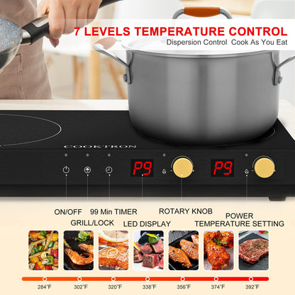COOKTRON Double Induction Cooktop Burner with Fast Warm-Up Mode, 1800w 2 Burner with 10 Temperature 9 Power Settings, Portable Dual Induction Cooker Cooktop with Child Safety Lock & Time