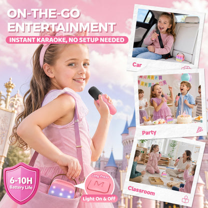YLL Mini Karaoke Machine for Kids Adults, Portable Bluetooth Speaker with 2 Wireless Microphones, Trendy Birthday Gifts Toys for Girls Ages 3, 4, 5, 6, 7, 8, 9, 10+ Years Old Home Family Party (P-ink)