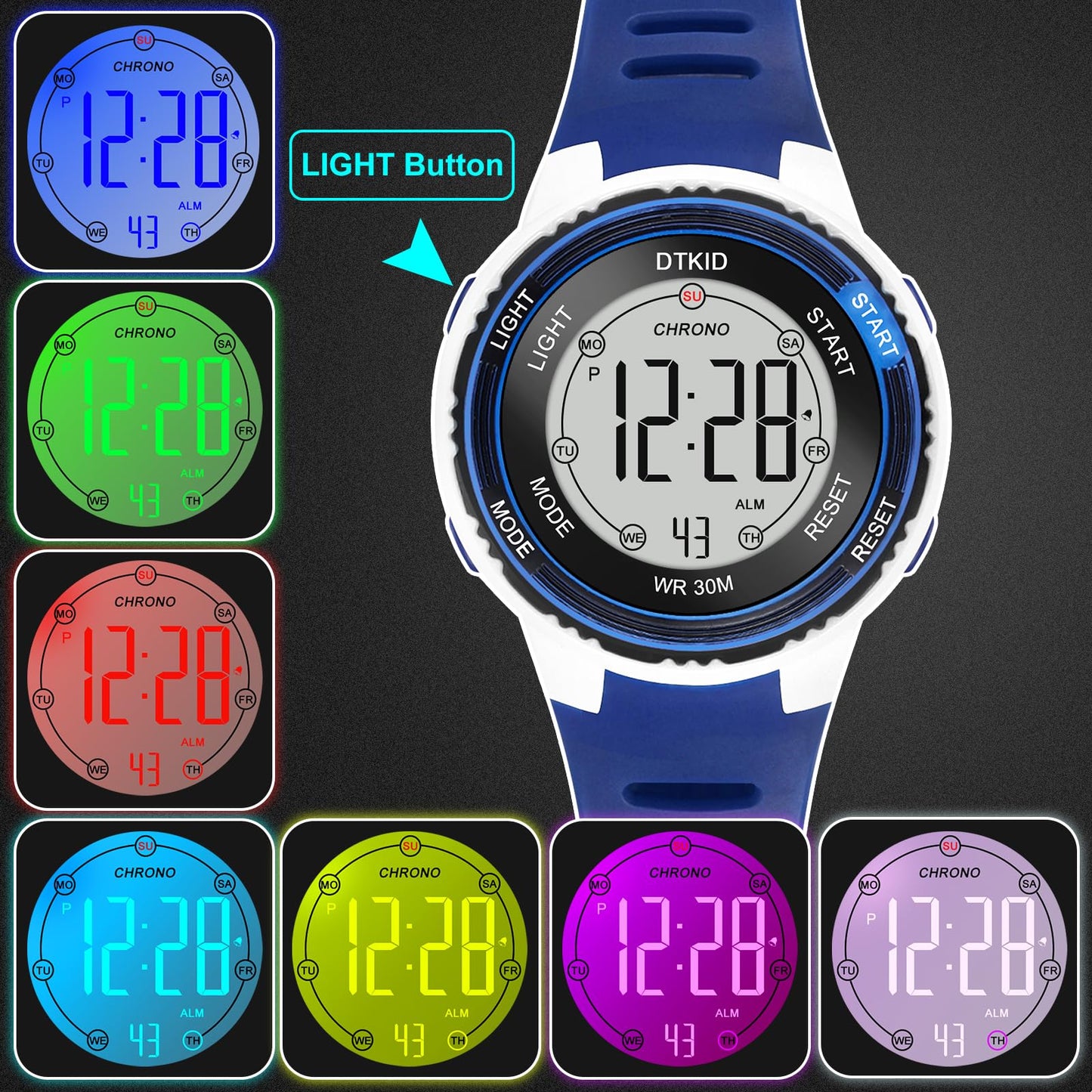 DTKID Digital Kids Watch 30 M Waterproof, 7 Color Lights Time Teaching Watch Easy to Read for Girls Boys 5-16
