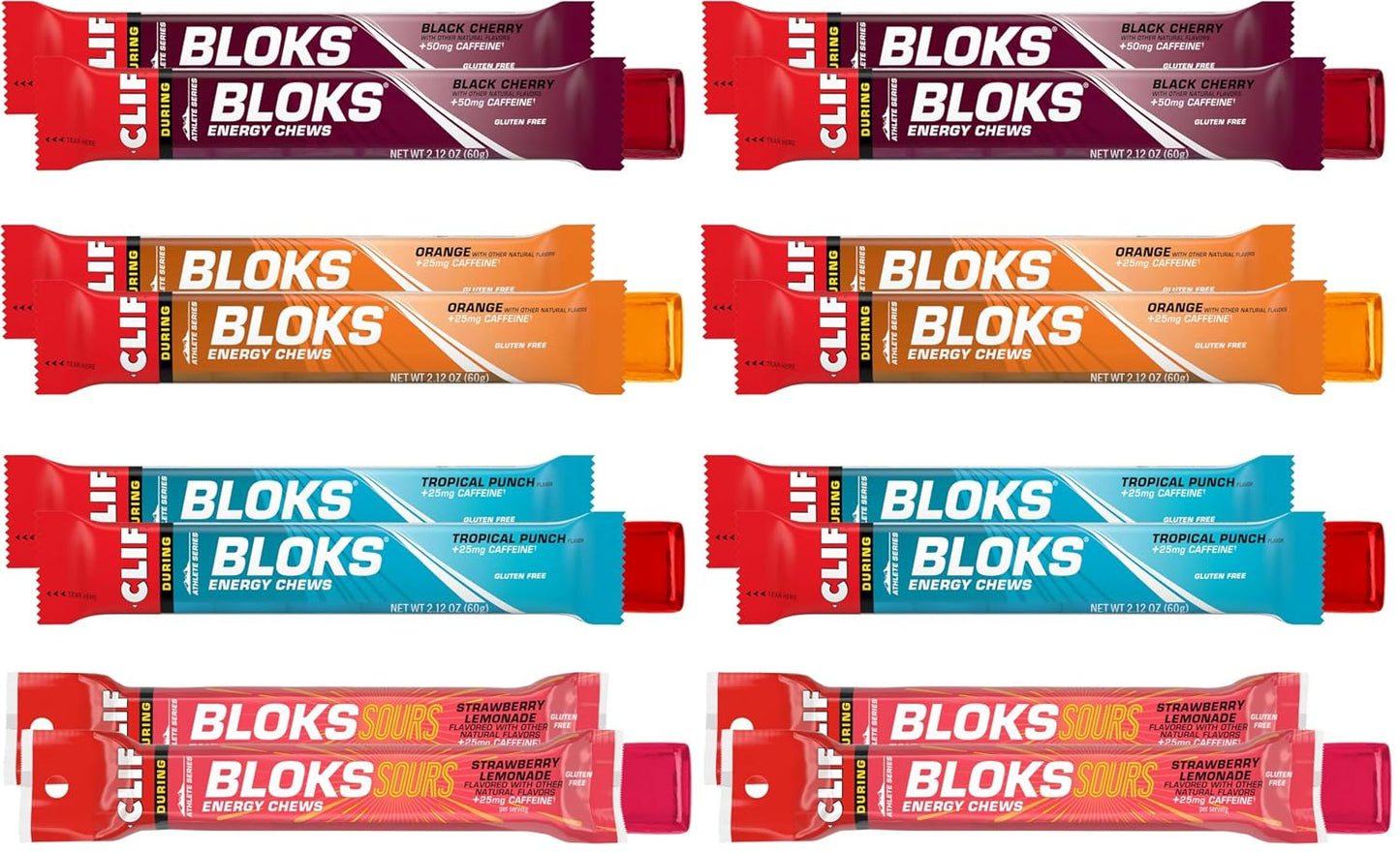 CLIF BLOKS - Energy Chews with Caffeine - Variety Pack - Non-GMO - Plant Based - Fast Fuel for Cycling and Running - Quick Carbohydrates and Electrolytes - 2.12 oz. Packets (8 Count)