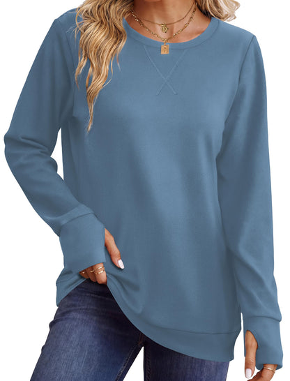 WIHOLL Womens Crewneck Sweatshirt Thumb Hole Long Sleeve Casual Fall Tops | Erly Fall Fashion, School Teacher Outfits, Long Sleeve Shirts, Winter Clothes, Pullover, Lightweight, Trendy