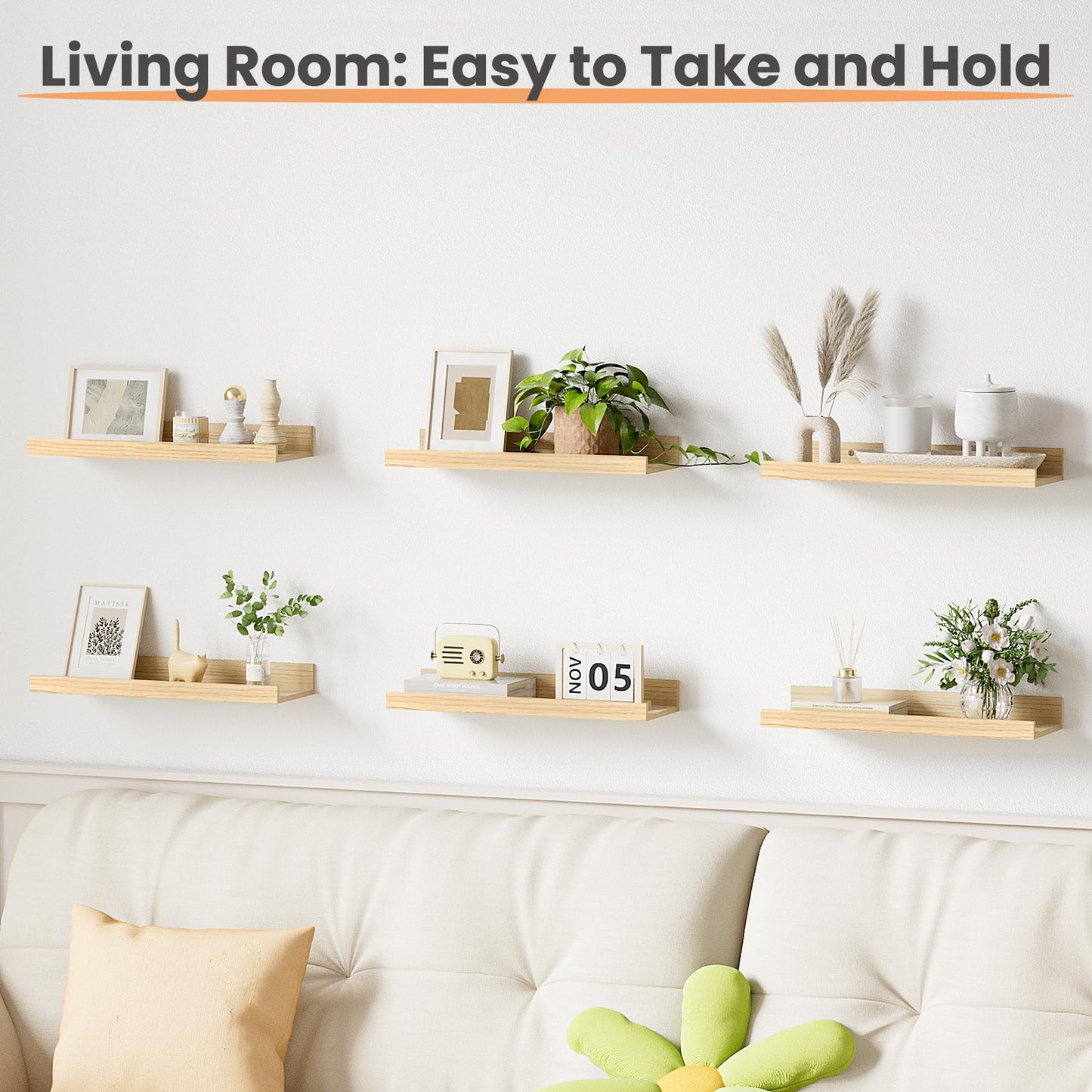 upsimples Floating Shelves for Wall, Wall Shelves for Decor Storage Set of 6, Wall Mounted Wood Shelf for Bedroom, Living Room, Bathroom, Kitchen, Picture Ledge Shelf, Black