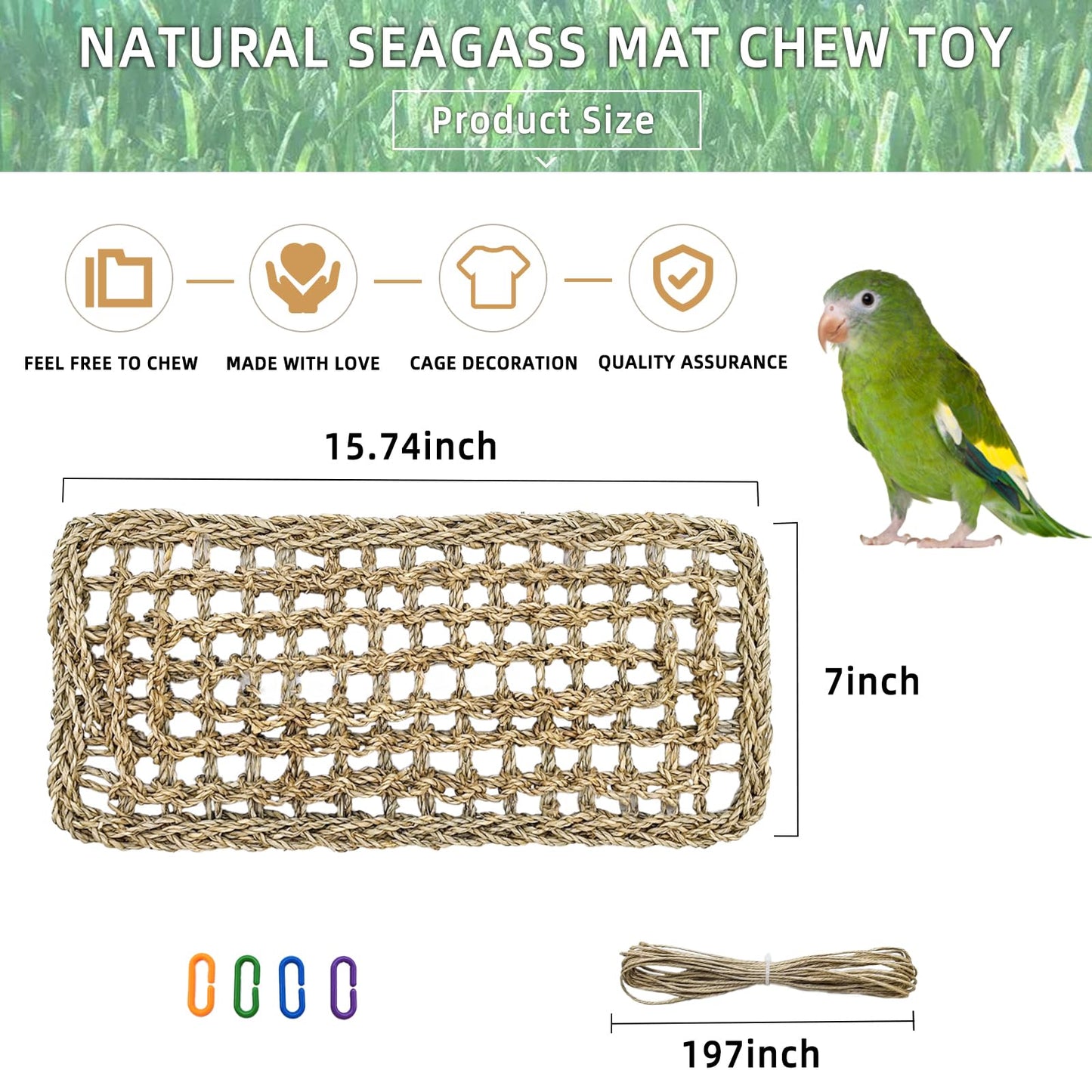 Bird Seagrass Mat 30 x 7 Inch Parrot Natural Seagrass Woven Net Hammock Parakeet Climbing Rope Ladder Mat Chew Toys Cage Accessories for Pigeon Macaw Cockatiel Conure Cockatoo Rat Bearded Dragon