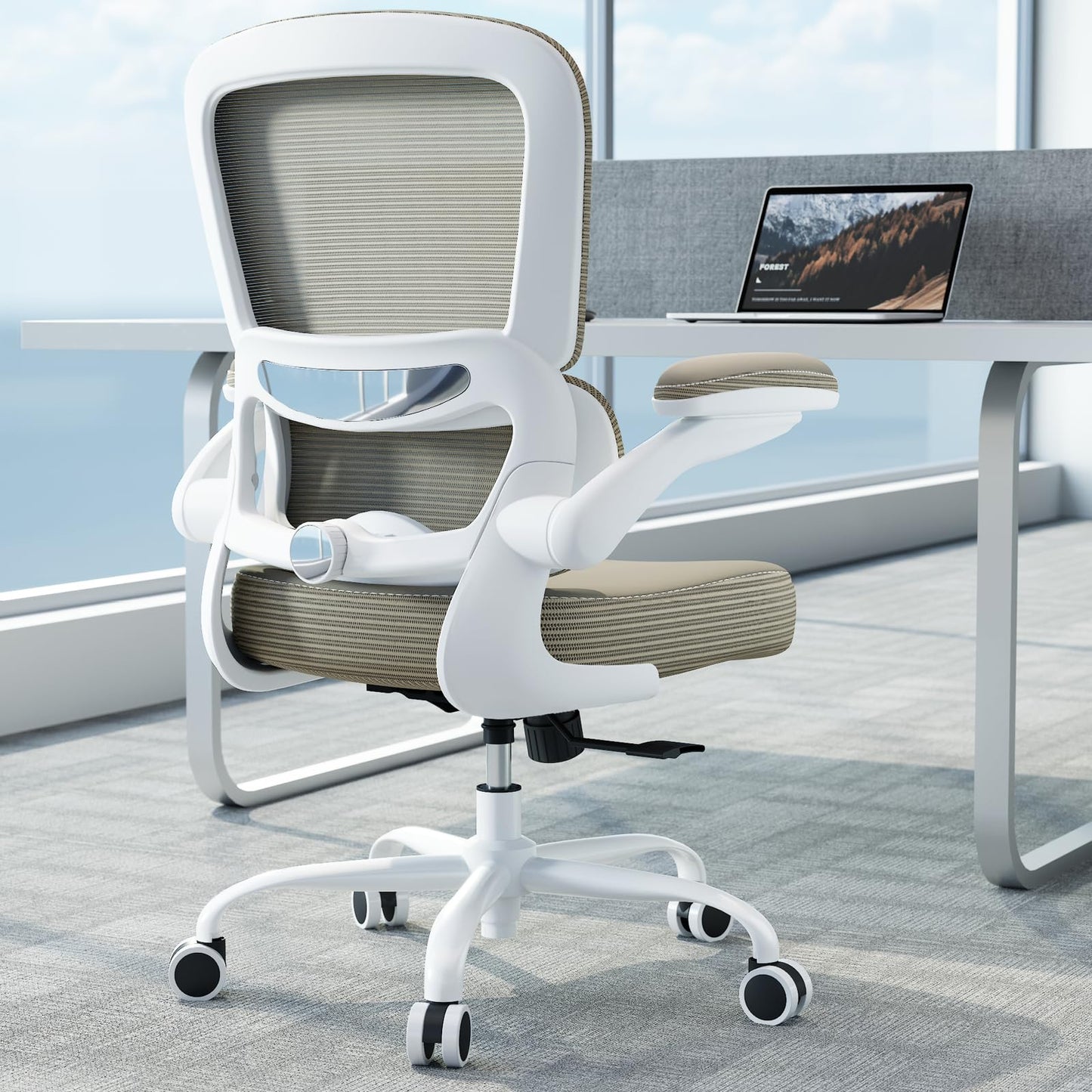 TRALT Ergonomic Office Chair - Desk Chair with Adjustable Lumbar Support Computer Chair - Mesh Comfy Chair with Flip-up Armrests - Gaming Chairs for Adults Home Office (Leather, White)