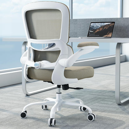 TRALT Ergonomic Office Chair - Desk Chair with Adjustable Lumbar Support Computer Chair - Mesh Comfy Chair with Flip-up Armrests - Gaming Chairs for Adults Home Office (Leather, White)