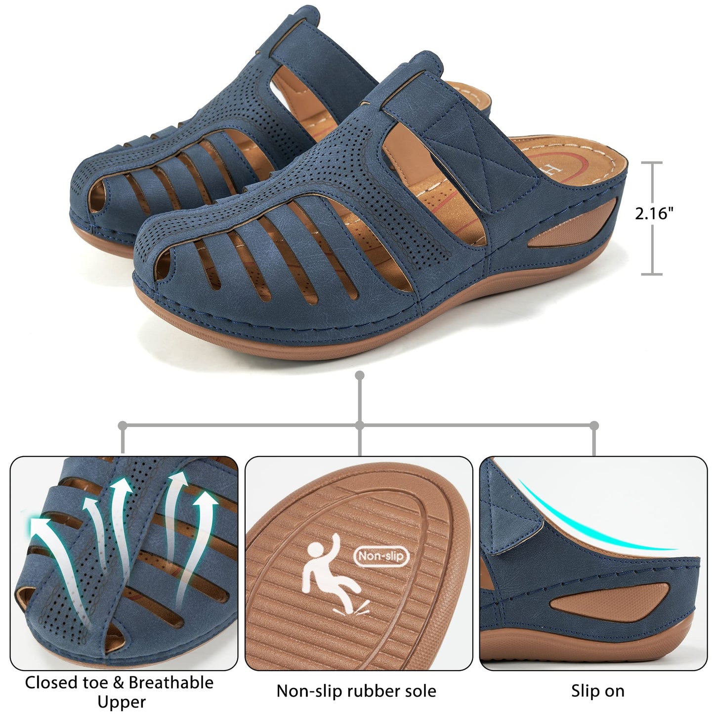 HARENCE Clogs for Women Mules Shoes: Comfortable Dressy Closed Toe Platform Sandals 2026 Summer Casual Adjustable Slip On Walking Wedges