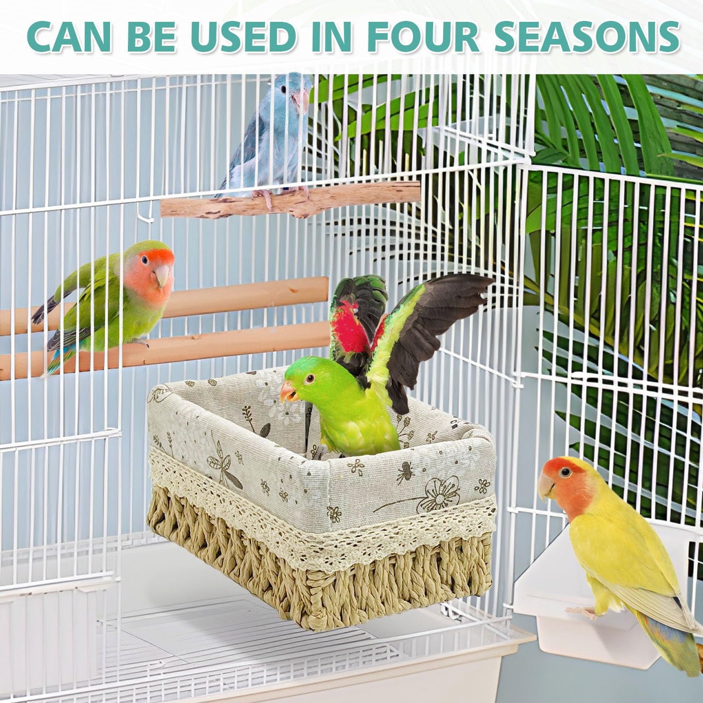 kathson Bird Nest Parrot House Birds Sleeping Bed Straw Weave All Season Hanging Hammock Bird Bed Snuggle Hut Birdcage Accessories for Parakeets Budgies Cockatiels Conures Quaker Parrot(Yellow)