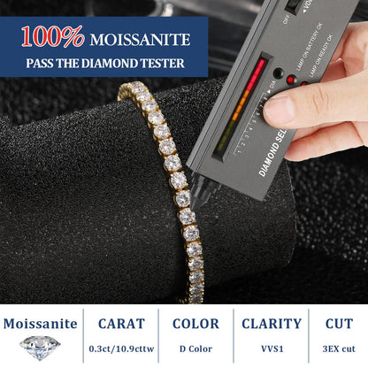4MM Moissanite Tennis Bracelet for Women, 10.9 ct Adjustable Moissanite Bracelets, 925 Sterling Silver White/14k Gold Plated, Luxury Birthday or Anniversary Jewelry Gift for Her