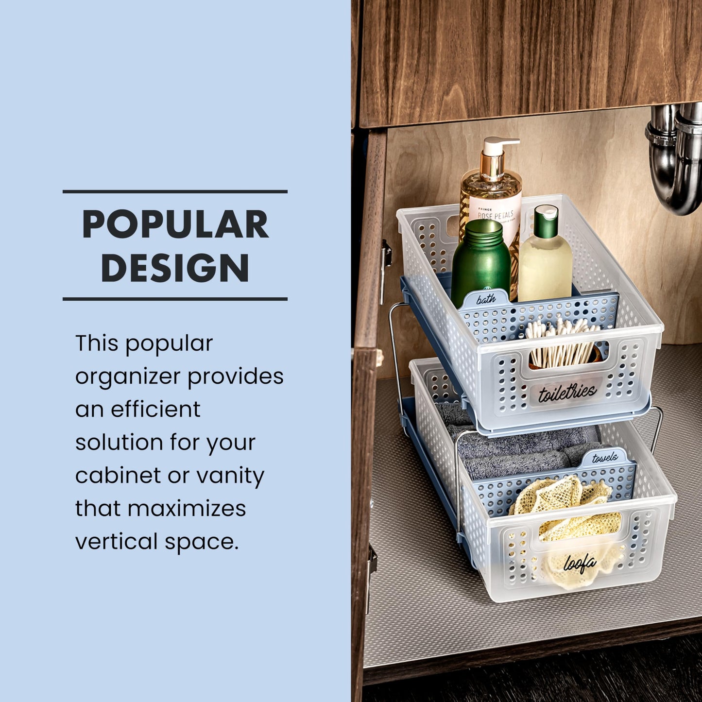 madesmart 2 Tier Bath Organizer, Undersink Storage with Sliding Drawers, for Cleaning Supplies, Pantry, Sponges, Bottles & Kitchen Essentials, Adjustable Dividers & Pull Out Sliding Baskets, Frost