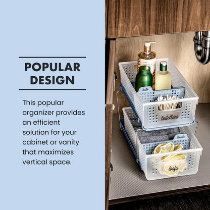 madesmart 2 Tier Bath Organizer, Undersink Storage with Sliding Drawers, for Cleaning Supplies, Pantry, Sponges, Bottles & Kitchen Essentials, Adjustable Dividers & Pull Out Sliding Baskets, Frost