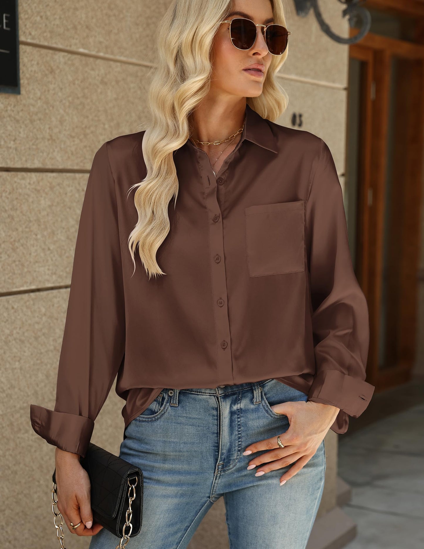 Zeagoo Womens Tops Satin Blouse Long Sleeve Shirts V Neck Dressy Casual | Button Down Business Outfits Fall Fashion With Pockets