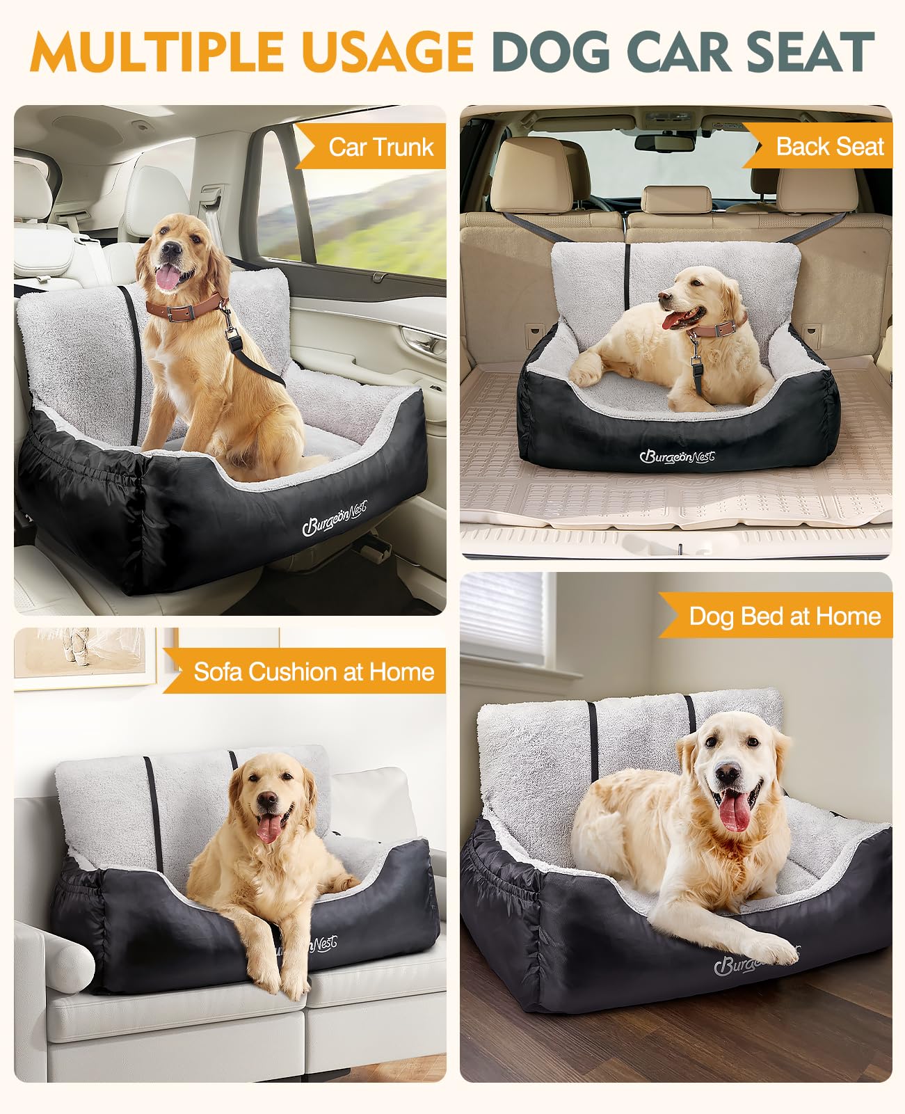 BurgeonNest Dog Car Seat for Small Dogs, Soft Pet Car Travel Home Bed Under 25 lbs, Fully Detachable and Washable Cat Booster Carseats with Storage Pockets and Clip-On Leash Portable Carrier,Black
