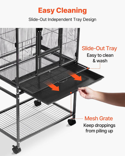 VEVOR Bird Cage, 24.6 x 16.7 x 53.9 inch, Flat Top, Wrought Iron Bird Flight Cage with Perches, Slide-Out Tray and Plastic Feeders, Casters, for Parrot, Blue Tit, Cockatiel, Canary, Budgerigar, Conure