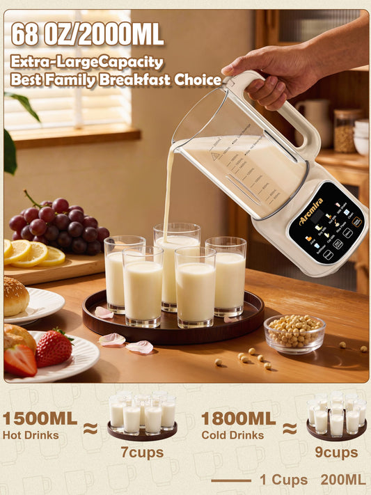 Arcmira 68oz Automatic 8-in-1 Nut Milk Maker, 10 Blades -No Soak, Self-Clean, Delay Start & Keep Warm, for Almond/Soy/Oat Milk, Juice, Boil Water, Shakes - Plant-Based Dairy Free for Family & Party