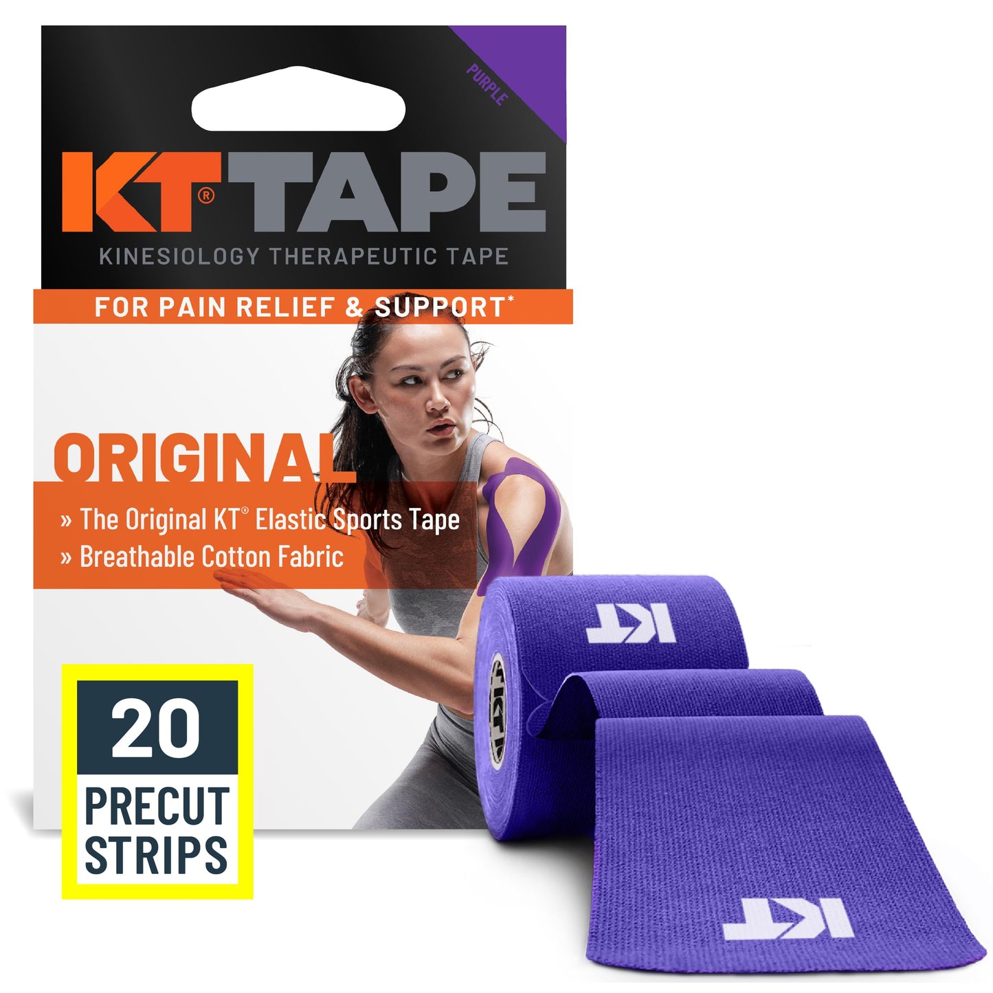 KT Tape, Original Cotton, Elastic Kinesiology Tape, Everyday Muscle and Joint Support, Daily Pain Relief, 20 Count, 10” Precut Strips, Black