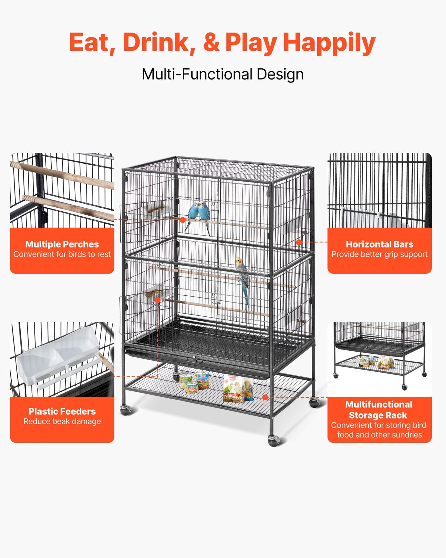 VEVOR Bird Cage, 24.6 x 16.7 x 53.9 inch, Flat Top, Wrought Iron Bird Flight Cage with Perches, Slide-Out Tray and Plastic Feeders, Casters, for Parrot, Blue Tit, Cockatiel, Canary, Budgerigar, Conure