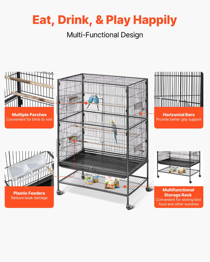 VEVOR Bird Cage, 24.6 x 16.7 x 53.9 inch, Flat Top, Wrought Iron Bird Flight Cage with Perches, Slide-Out Tray and Plastic Feeders, Casters, for Parrot, Blue Tit, Cockatiel, Canary, Budgerigar, Conure