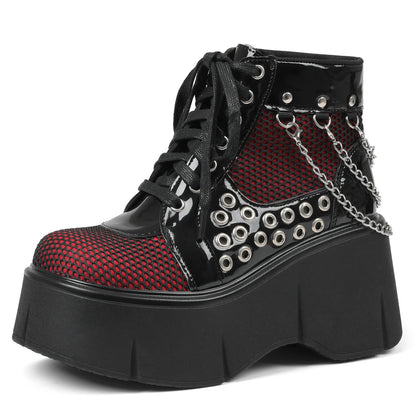 Women's Black Platform Boots Wedge Goth Round Toe Lace Up Chain Mesh Punk Combat Ankle Booties