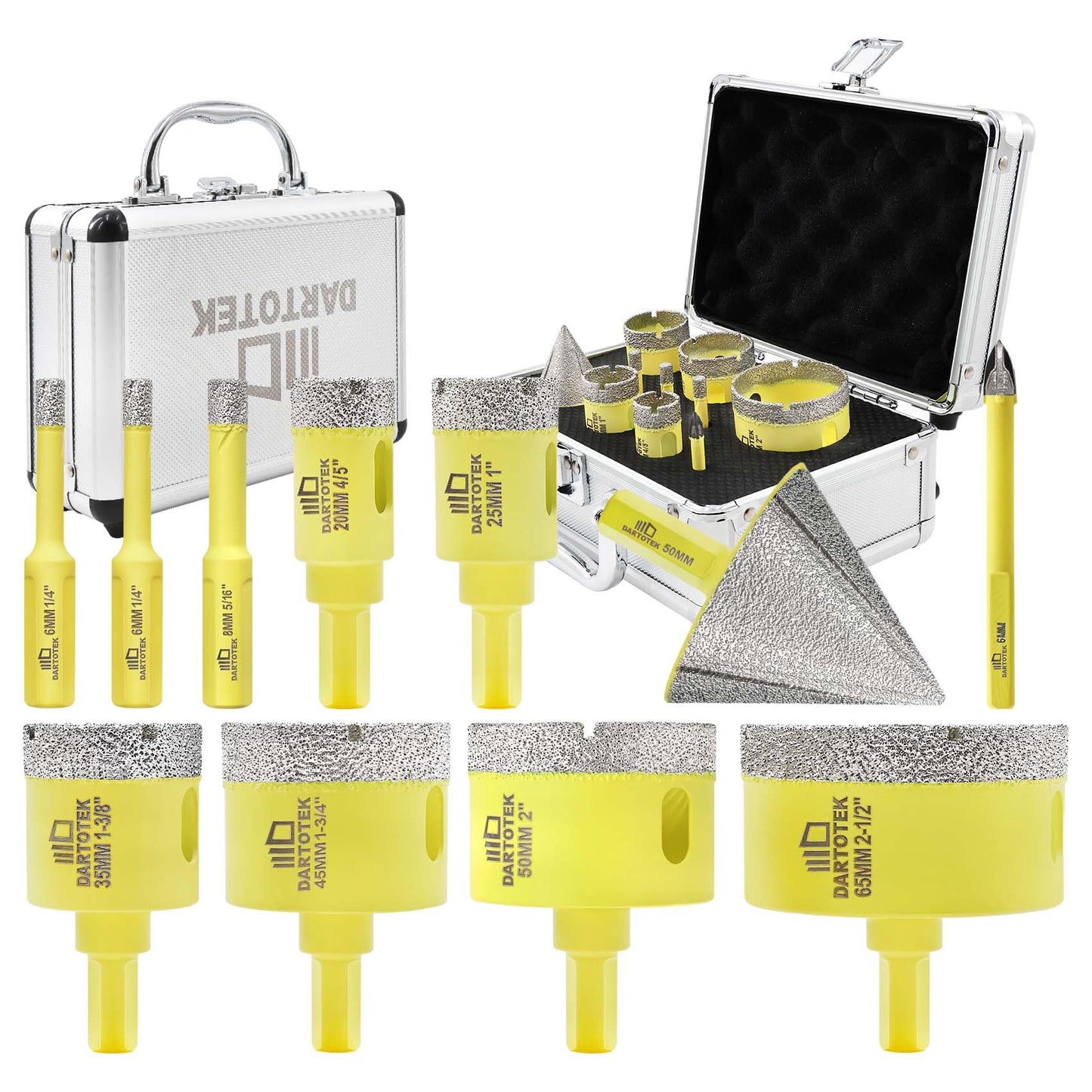 Diamond Core Drill Bits Set for Tile, DARTOTEK 10PCS Porcelain Hole Saw Kit with Aluminum Case, (6/6/8/20/35/50/65mm+2" Chamfer bit +SDS Adapter, Dry/Wet Drilling for Ceramic, Granite & Marble