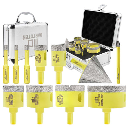 Diamond Core Drill Bits Set for Tile, DARTOTEK 10PCS Porcelain Hole Saw Kit with Aluminum Case, (6/6/8/20/35/50/65mm+2" Chamfer bit +SDS Adapter, Dry/Wet Drilling for Ceramic, Granite & Marble