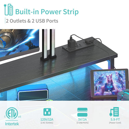 Lufeiya Gaming Desk with LED Lights and Storage Shelves, 47 inch Computer Desk with Power Outlets, Home Office Desk with Monitor Stand, Writing Table PC Desks, Black