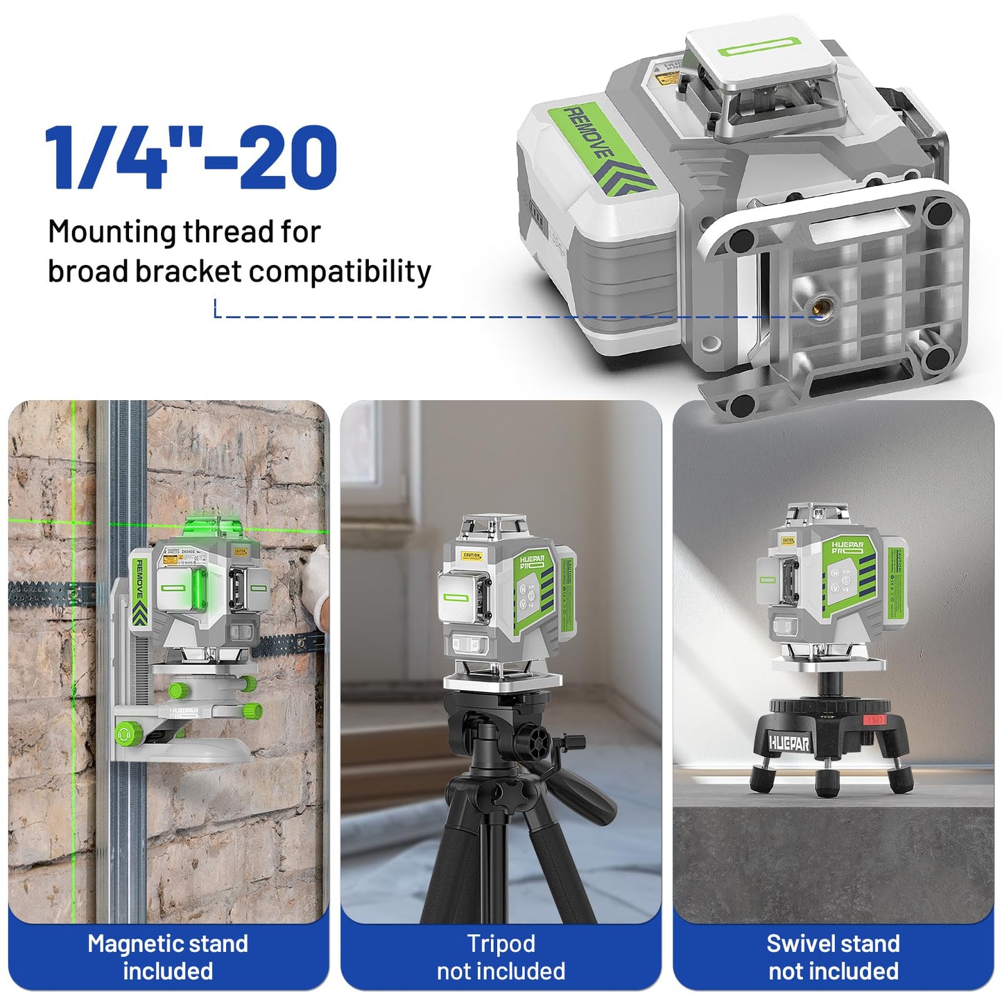 Huepar Pro Laser Level 360 Self Leveling, 4x360° Green Cross Line Laser Tool Set with Receiver for Outdoor&Long Distance Use Up to 660ft, Rechargeable Lazer Leveler Tool for Construction -ZK04CG-LR300