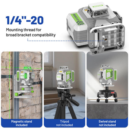 Huepar Pro Laser Level 360 Self Leveling, 4x360° Green Cross Line Laser Tool Set with Receiver for Outdoor&Long Distance Use Up to 660ft, Rechargeable Lazer Leveler Tool for Construction -ZK04CG-LR300