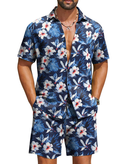 COOFANDY Men's Hawaiian Matching Set Summer Beach 2 Piece Outfits Flower Button Down Shirts and Shorts Vacation Outfits