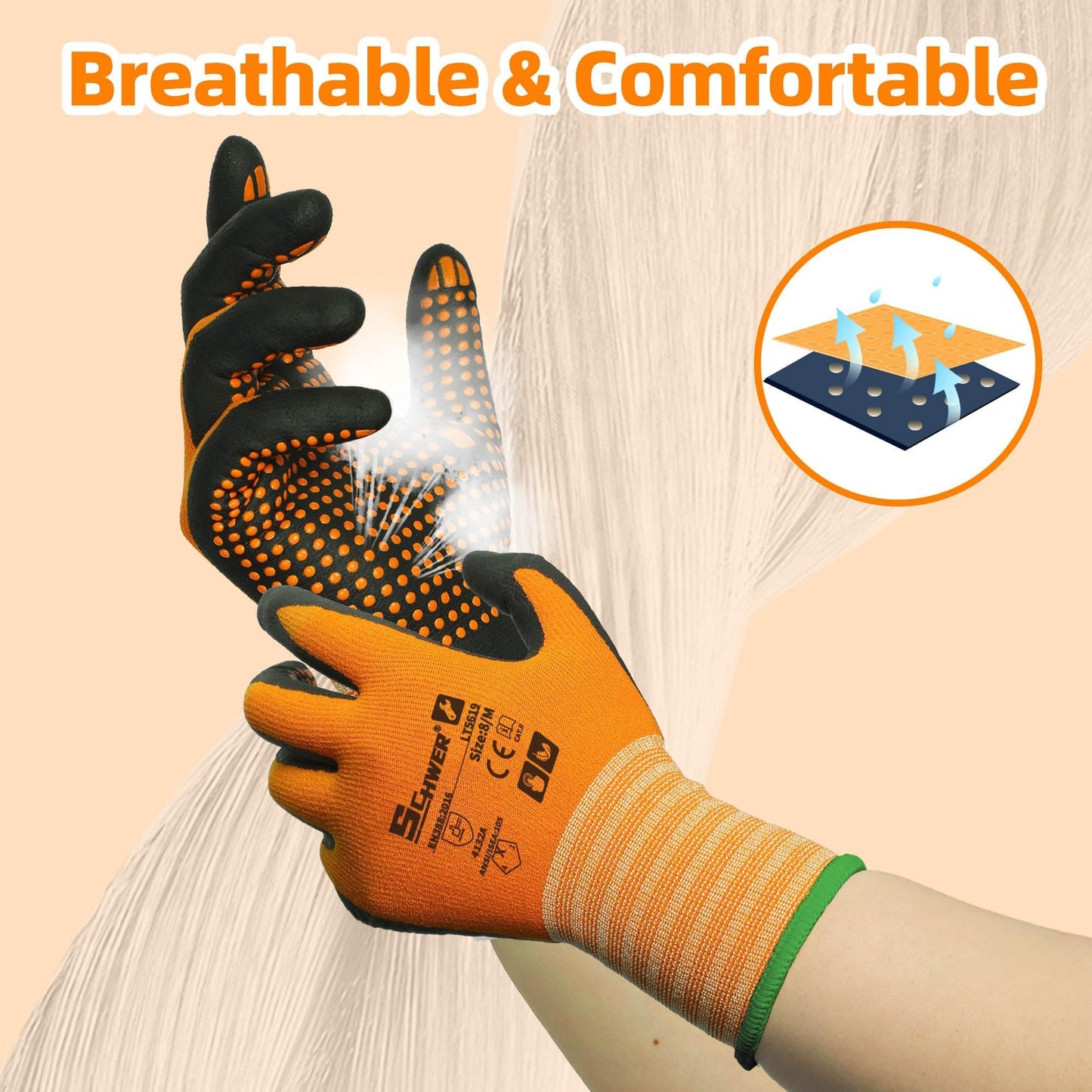 Schwer 3/6/12 Pairs Safety Work Gloves with Certified Level 6 Abrasion Resistance, Gardening Gloves with MicroDot Grip, Touchscreen, General A1 Cut Resistant Glove MicroFoam Nitrile Coated, LT5619, L