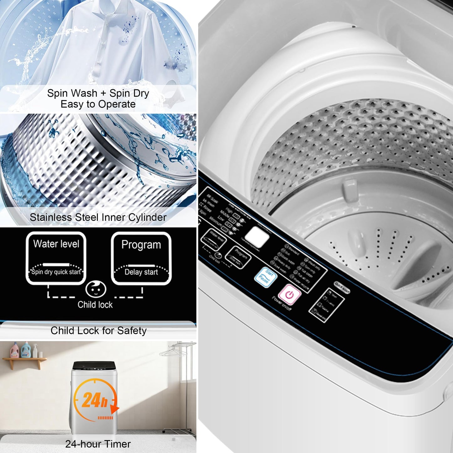 Portable Washing Machine, 17.7lbs Full-Automatic Small Washing Machine for Apartment, 10 Wash Programs with Drain Hose Dorm Size Portable Washer for RV, Home, College, Grey