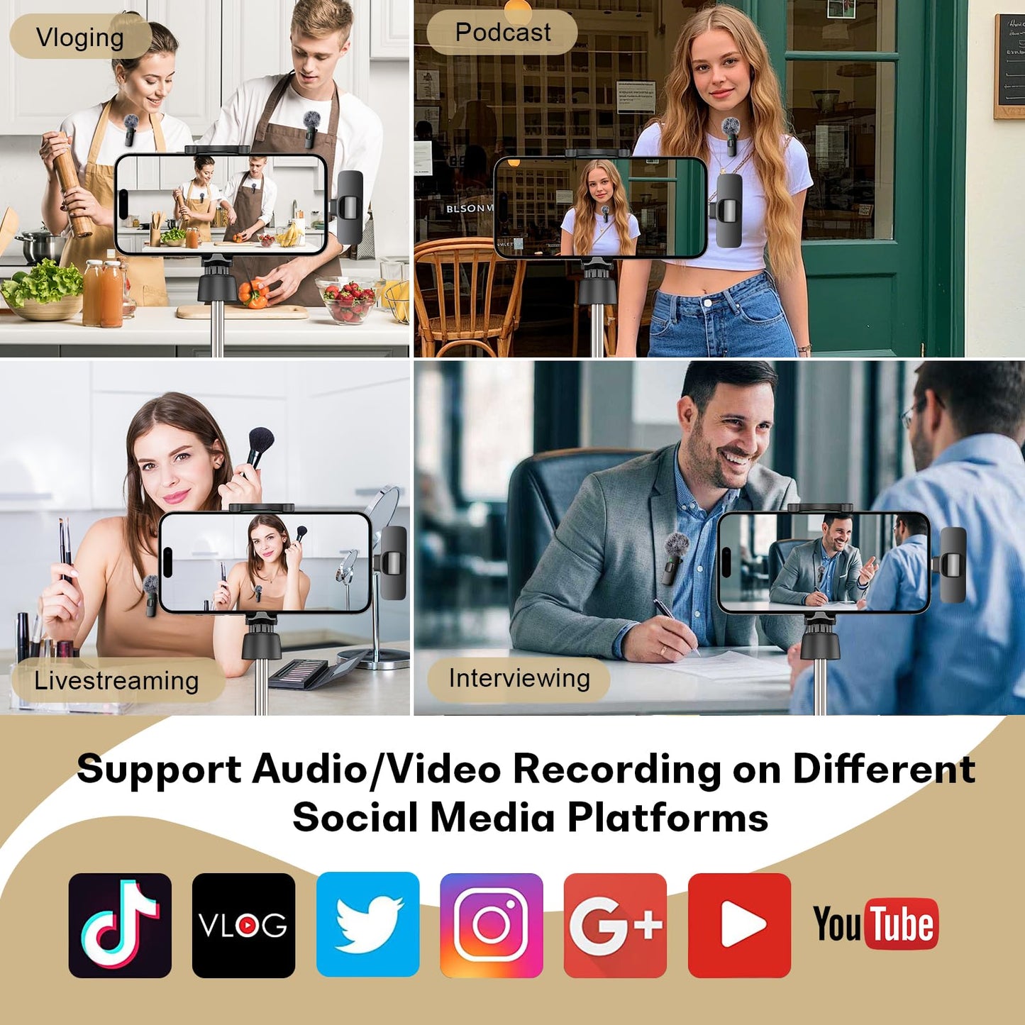 MAYBESTA Wireless Mini Microphone for iPhone, Android Phone - 2 Pack Lavalier Lapel Mic for Audio Video Recording - Clip on Content Creator Microphones for YouTube Tiktok Podcast Vlogging