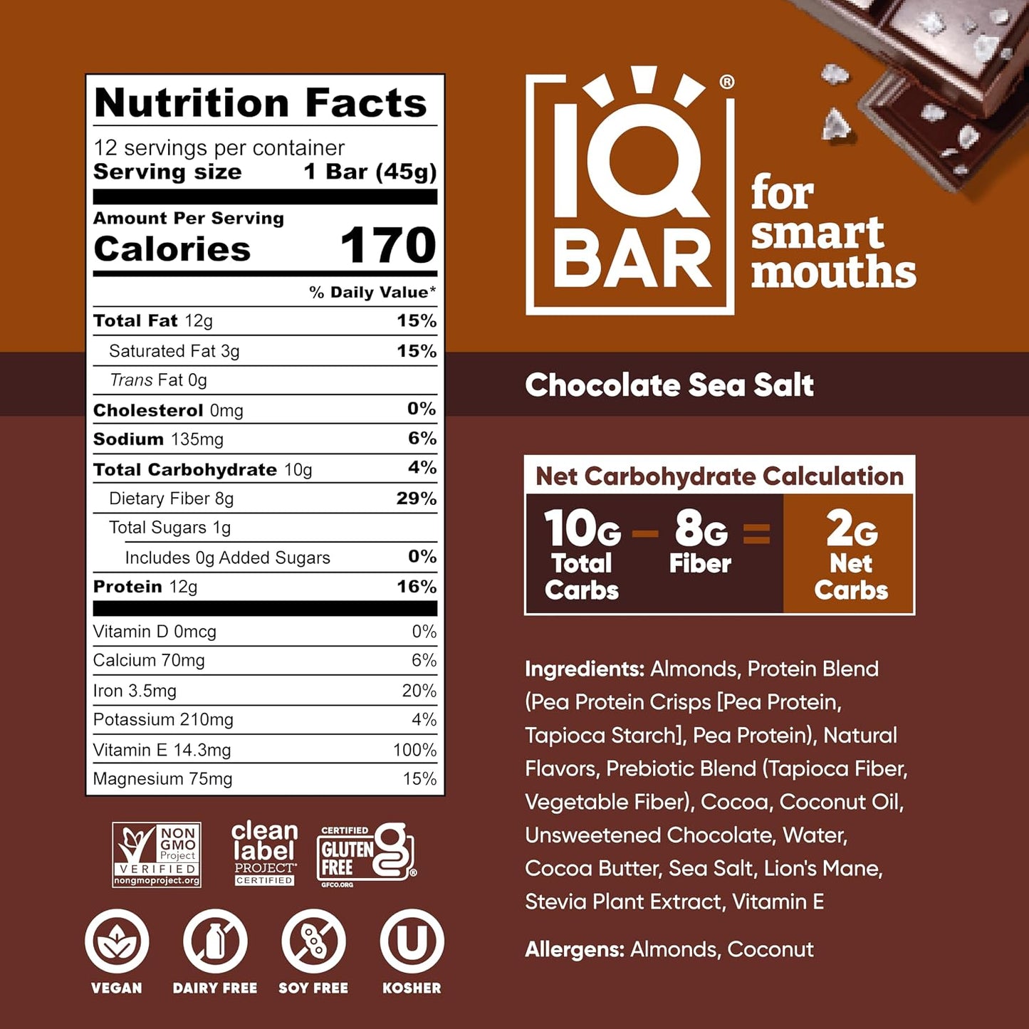IQBAR Clean Plant Protein Bars, Almond Butter Chip 12-Count | Protein Snack | High Fiber, High Protein, Low Sugar, Clean Label Project Certified | Gluten Free, Dairy Free, Vegan, Keto, Soy Free