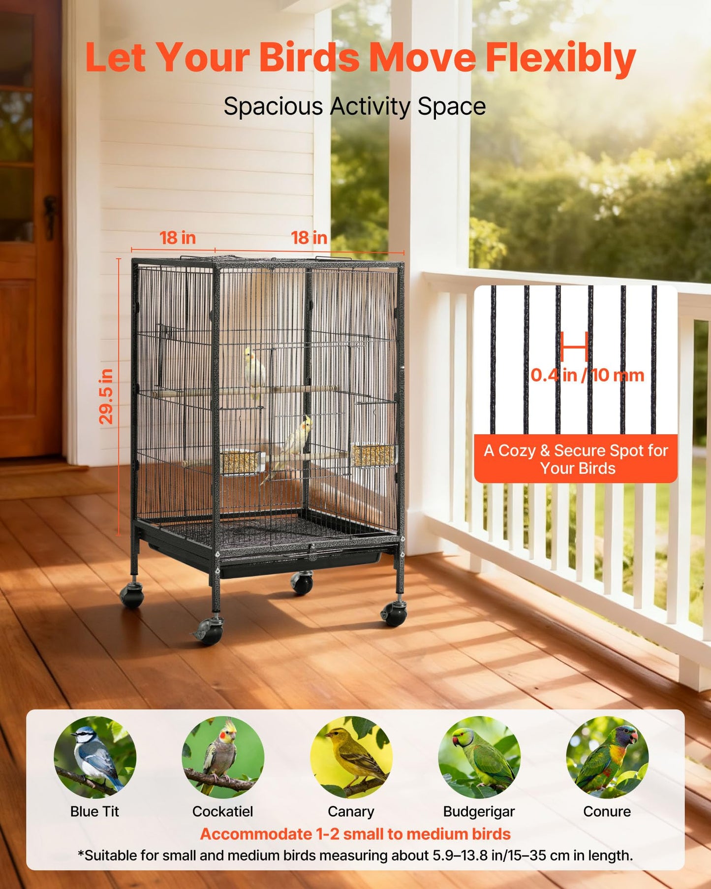 VEVOR Bird Cage, 24.6 x 16.7 x 53.9 inch, Flat Top, Wrought Iron Bird Flight Cage with Perches, Slide-Out Tray and Plastic Feeders, Casters, for Parrot, Blue Tit, Cockatiel, Canary, Budgerigar, Conure