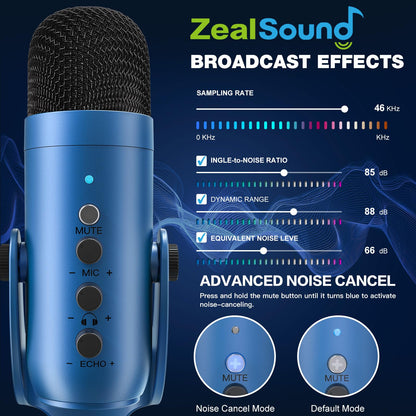 ZealSound Podcast Microphone for PC, Noise Cancellation USB Mic with Gain, Volume Adjustment & Mute Button, Monitoring & Echo, for YouTube, TikTok, Podcasting, Streaming, iPhone, iPad, Android, Mac