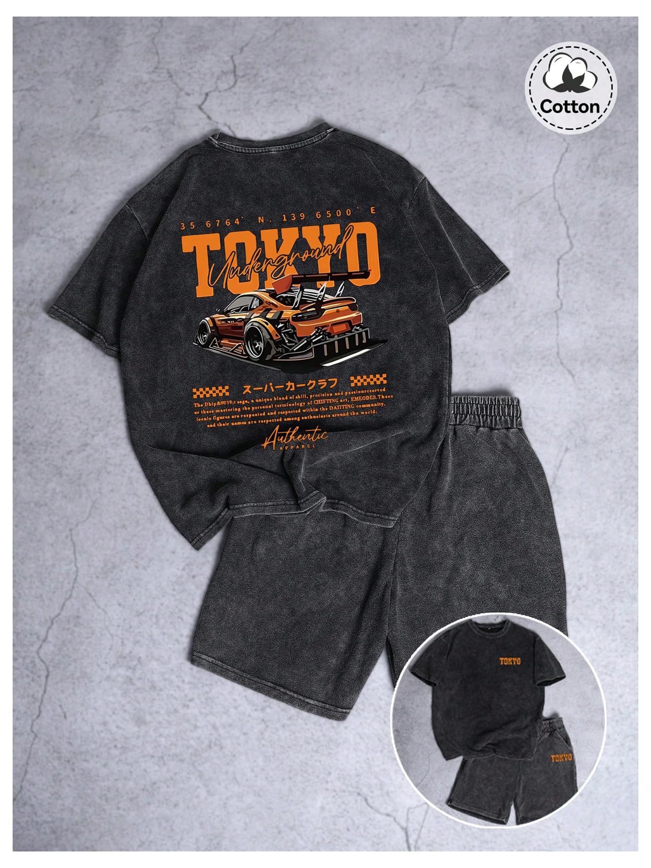 BEAUDRM Men's Y2k 2 Piece Vintage Outfits Punk Grunk Graphic Wash Short Sleeve T-Shirt and Drawstring Shorts Streetwear
