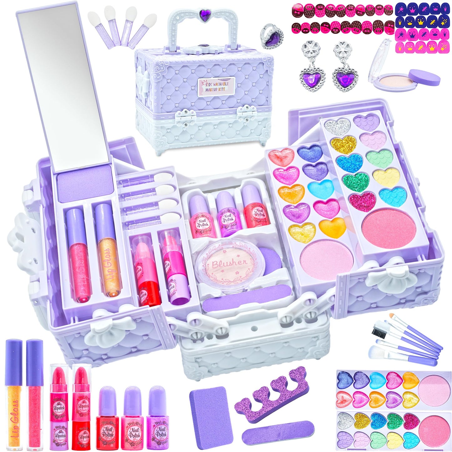 Kids Makeup Kit for Girl - 52 PCS Safe and Washable Makeup for Kids, Real Girls Makeup Kit, Toddler Makeup Kit with Cosmetic Case, Girls Toys Age 4-12, Princess Toys Birthday Gifts for Girls