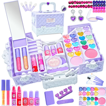 Kids Makeup Kit for Girl - 52 PCS Safe and Washable Makeup for Kids, Real Girls Makeup Kit, Toddler Makeup Kit with Cosmetic Case, Girls Toys Age 4-12, Princess Toys Birthday Gifts for Girls